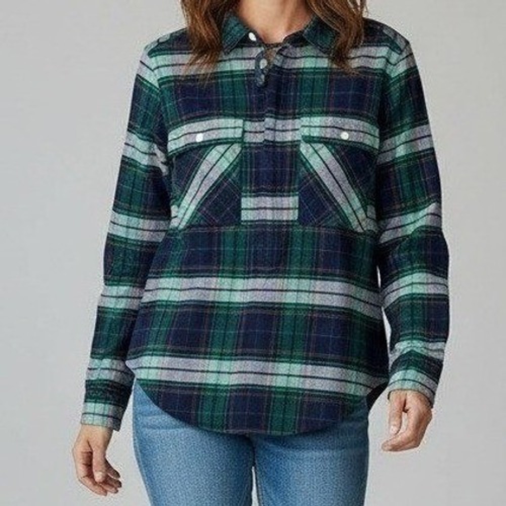 J.Crew Top Women XX Small‎ Green Blue Buffalo Plaid Flannel 100% Cotton Gorpcore